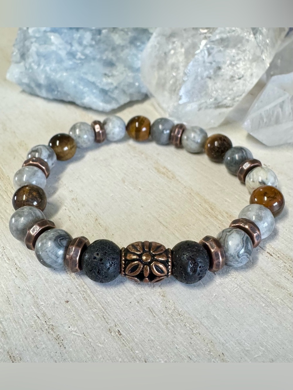 Tiger’s Eye & Gray Map Stone Bracelet with Lava stone and copper tone accents